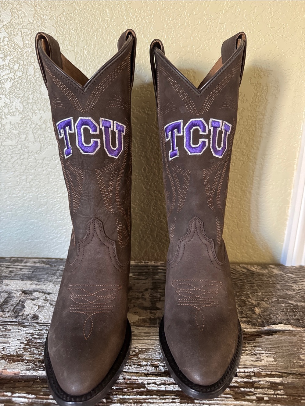 TCU Embroidered Brown Leather Western Heeled Boots